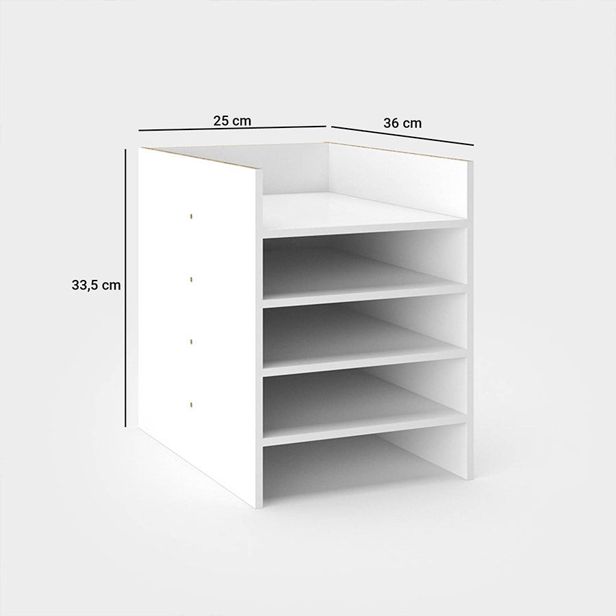 Übersicht über die Maße des Regaltrenners mit 5 Zwischenfachern.