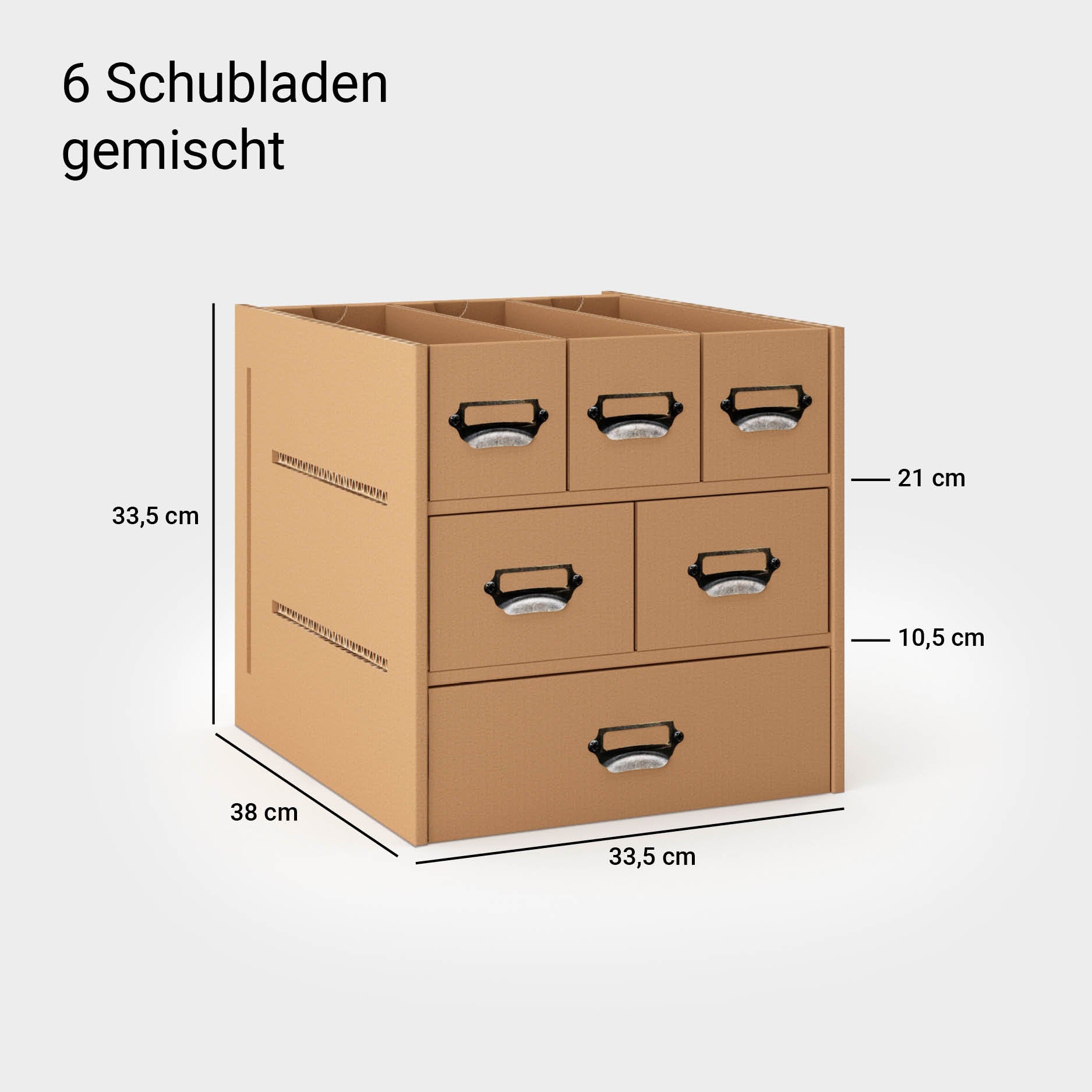 Maße des Einsatzes mit 6 verschieden großen Schubladen - Breite: 33,5 cm, Höhe: 33,5 cm, Tiefe: 38 cm