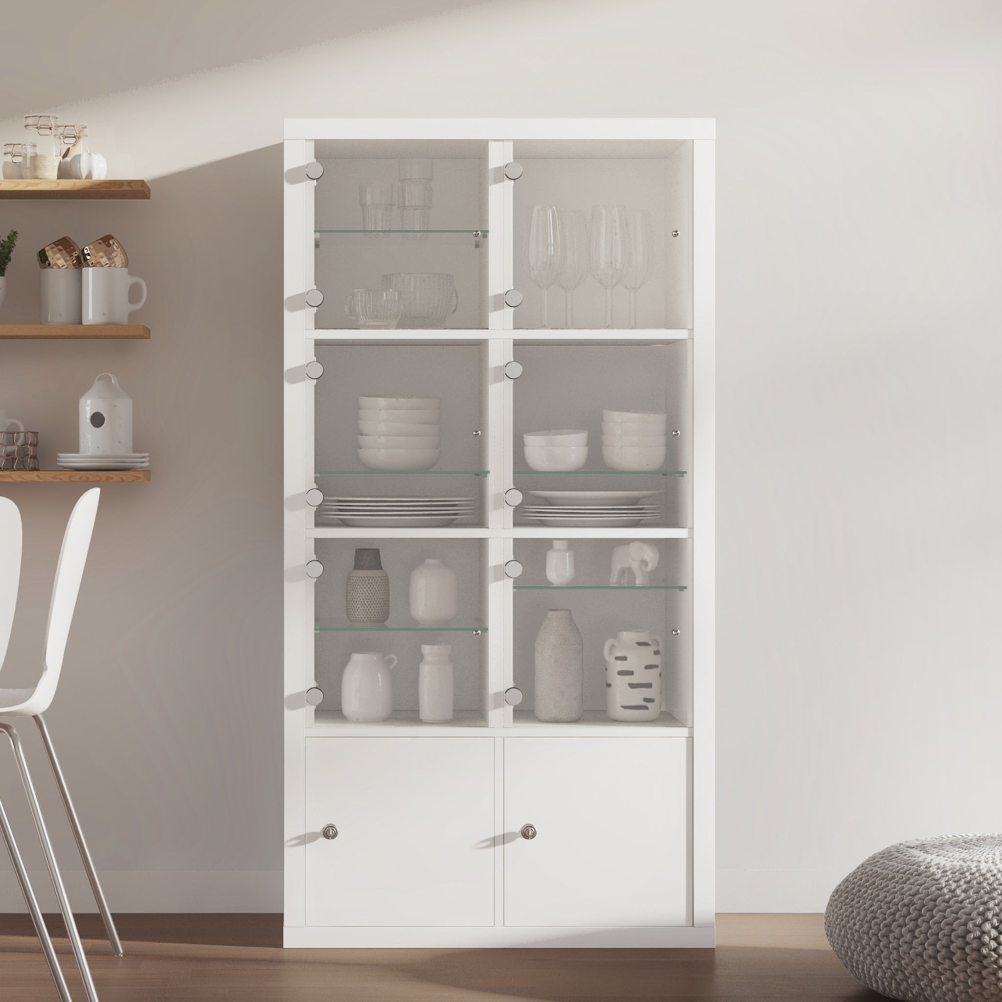 2-er Kallax Regal als kompletter weißer Vitrinenschrank