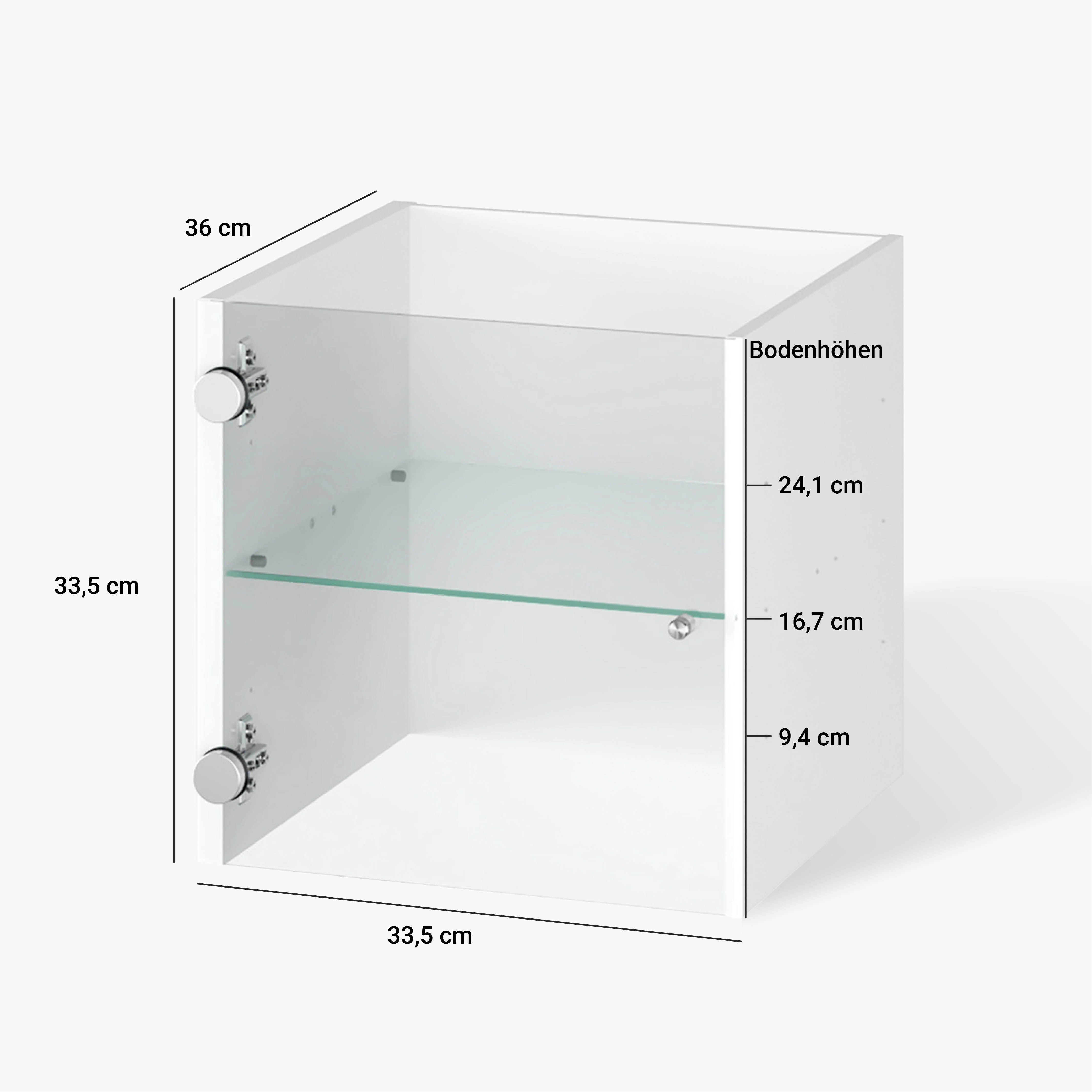 Maßangaben des Vitrineneinsatzes - Breite: 33,5 cm, Höhe: 33,5 cm, Tiefe: 36 cm. Der Zwischenboden aus Glas befindet sich auf einer Höhe von 16,7 cm.