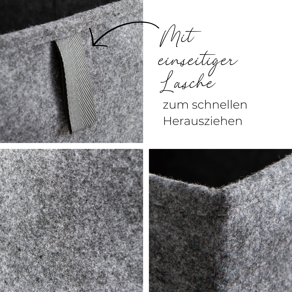 Detailaufnahmen einer grauen Filzbox. Außen befindet sich eine Grifflasche.