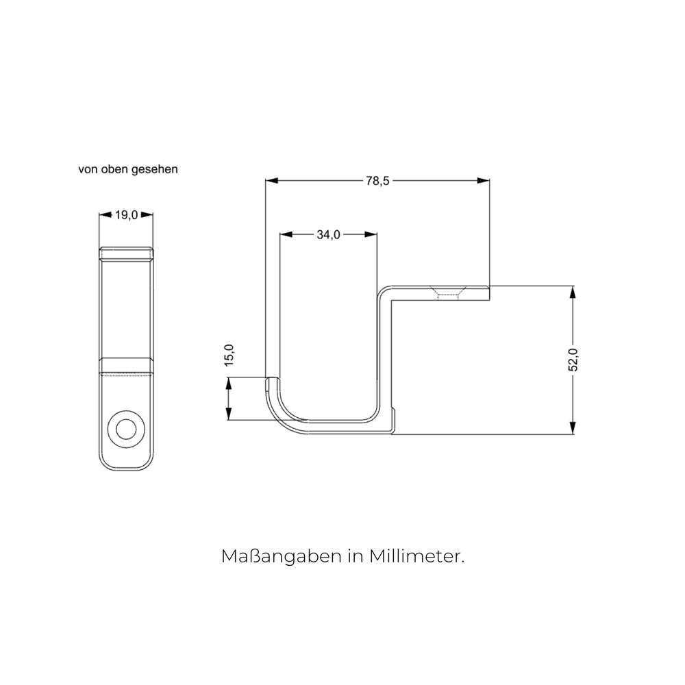 Technische Zeichnung von einem Kallax Haken mit entsprechenden Maßangaben.