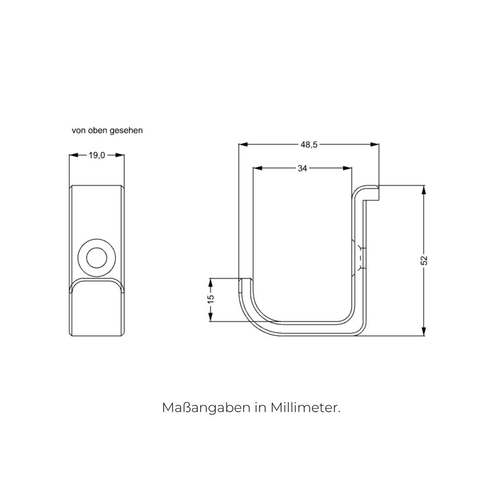 Technische Zeichnung vom Kallax Haken mit entsprechende Maßangaben in Millimeter.