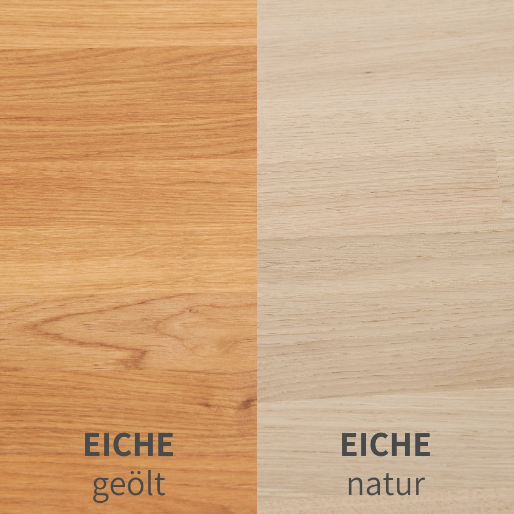Vergleichsbild von 2 Kallax Holzplatten in Eiche geölt und und Eiche natur.