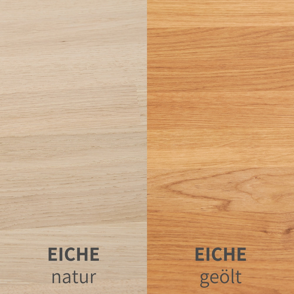 Vergleichsbild der Oberflächen einer Kallax Holzplatte in Eiche natur und in Eiche geölt.