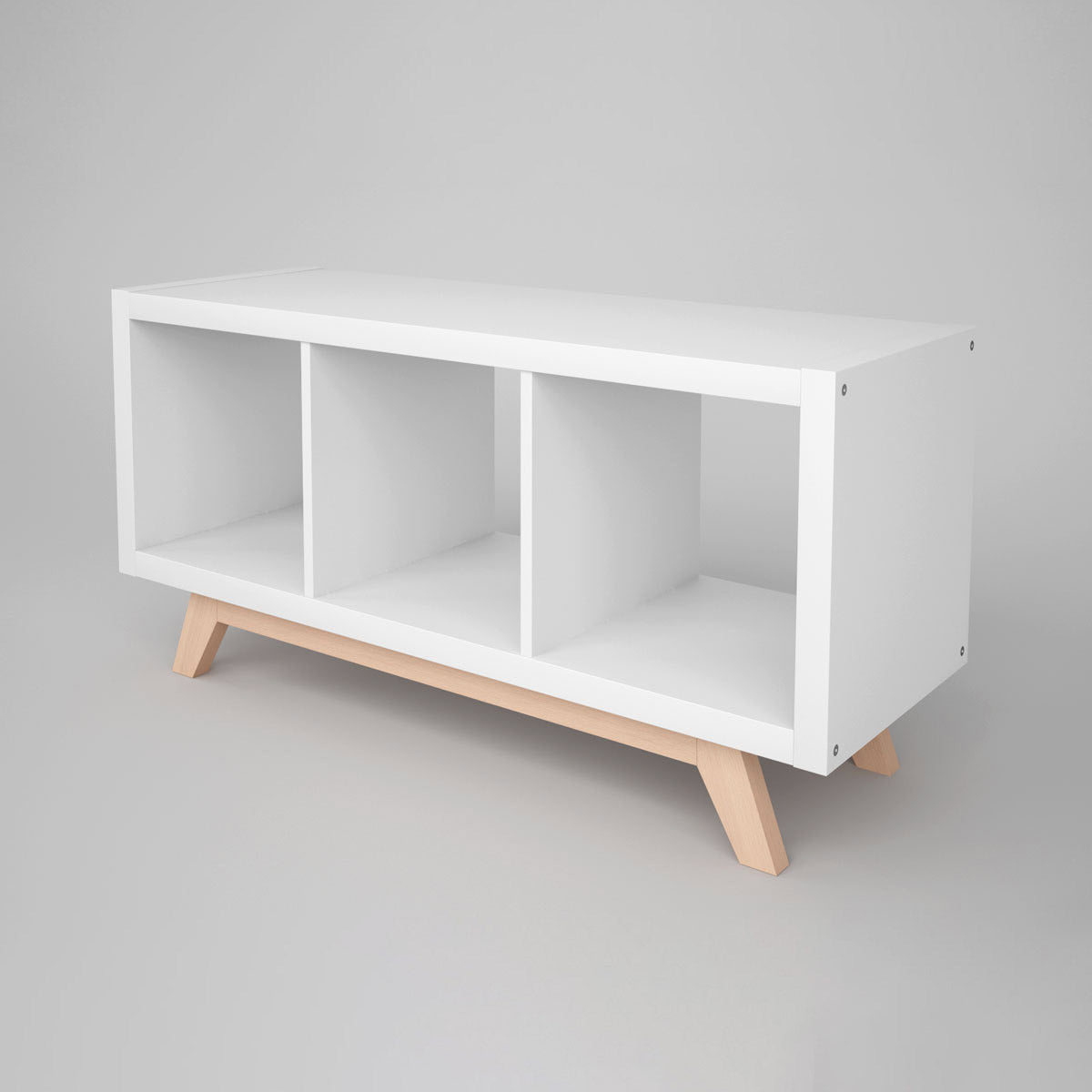 3-er Kallax in Weiß mit Untergestell aus Holz