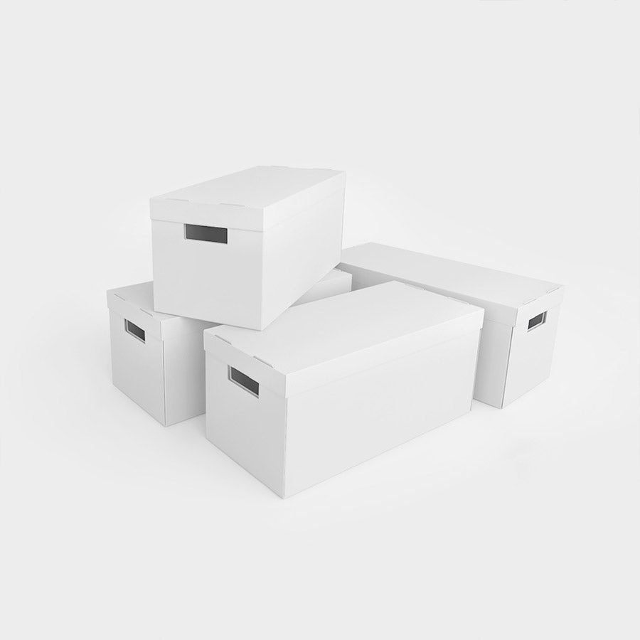 4 einzelne Schubladenboxen mit Deckeln und Griffmulden