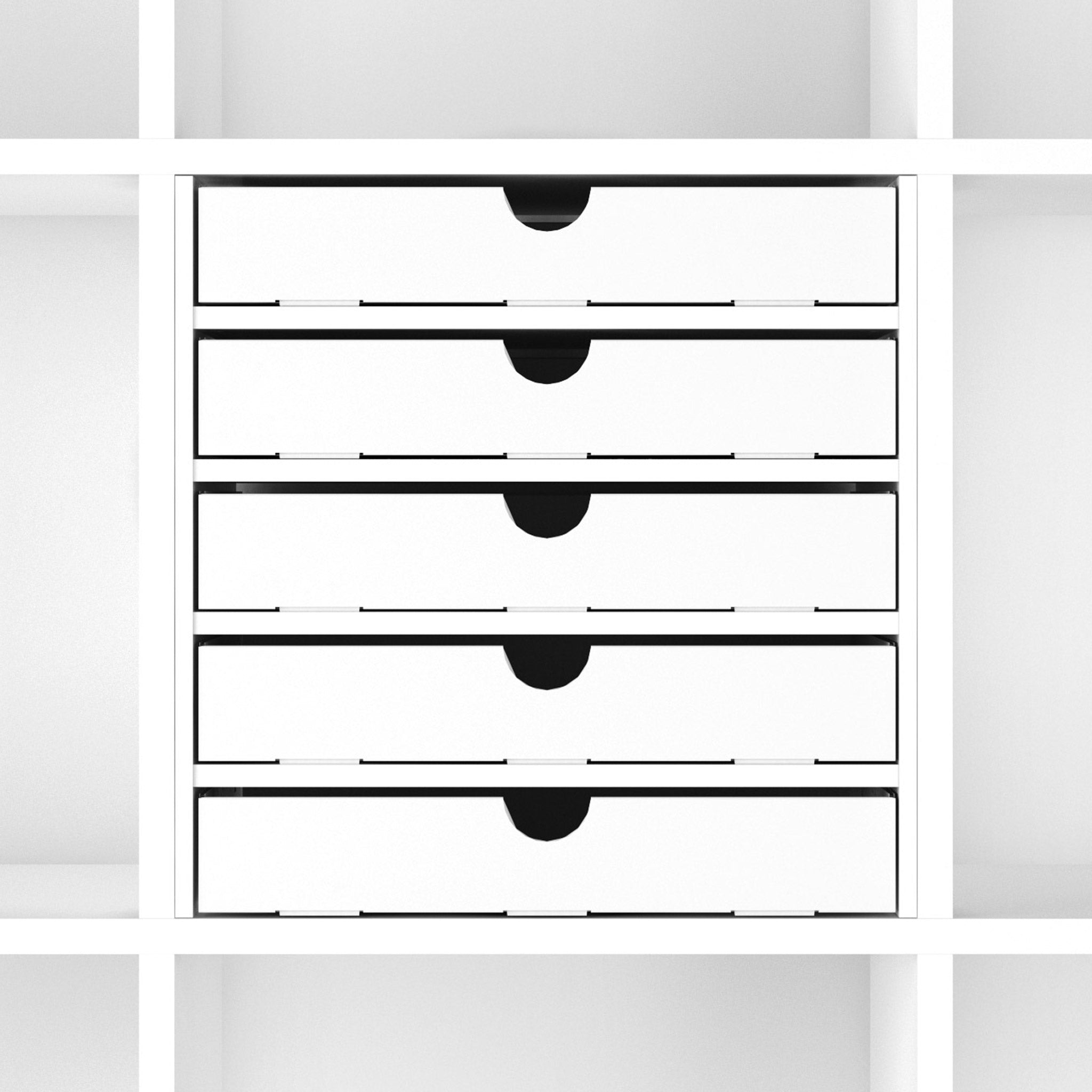 5 Schubladen aus Pappkarton in einem Kallax Einsatz.