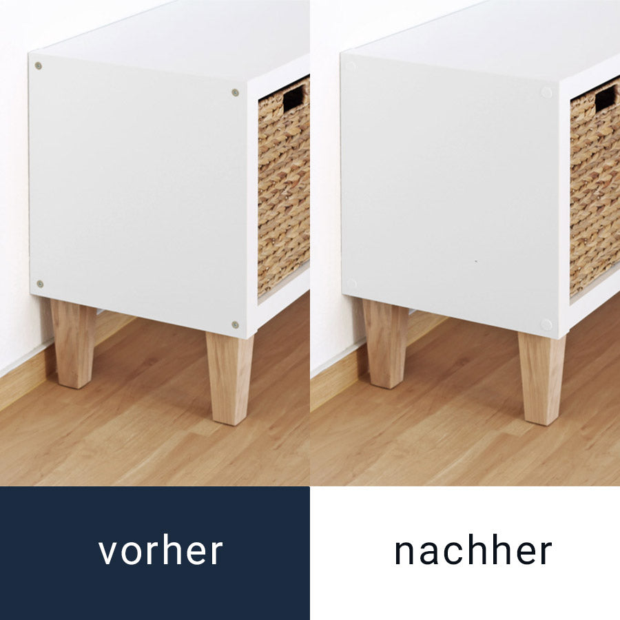 Vorher-Nachher-Bild eines Kallax Regals mit Abdeckkappen für Schrauben