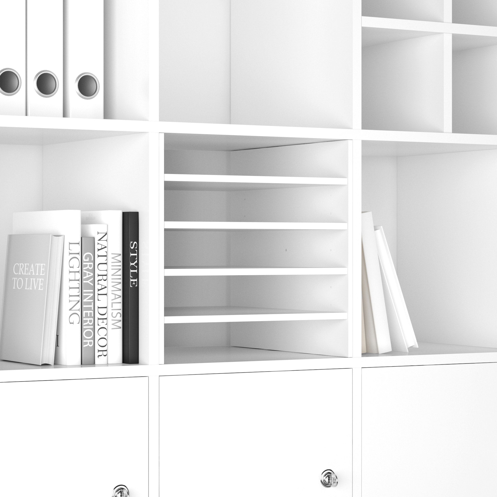 Schrägansicht eines Kallax Einsatzes mit 5 Ablagefächern