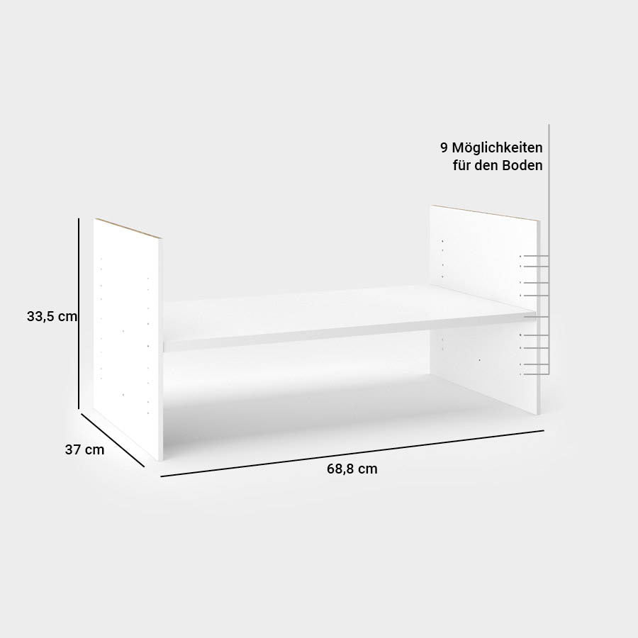 Maße des Kallax Einsatzes. Der neue, breite Zwischenboden lässt sich auf 9 Ebenen einsetzen.