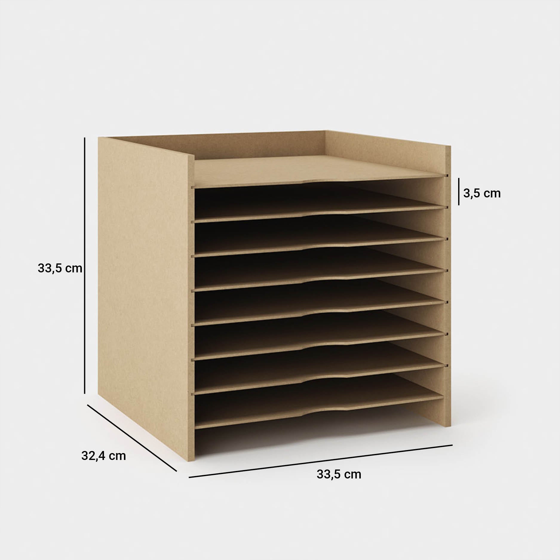 Maßbild des Scrapbook-Organizers für das Kallax Regal.