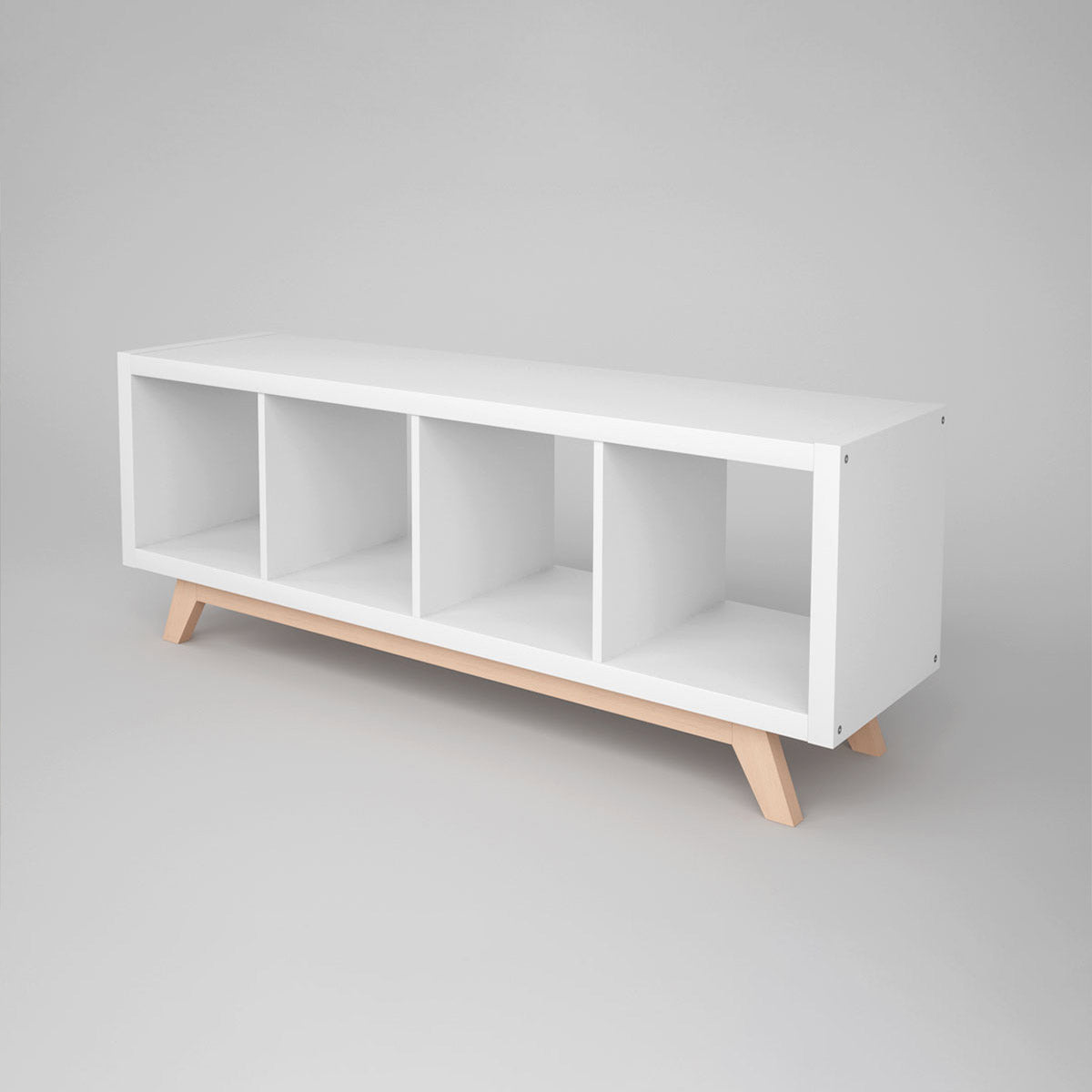 Horizontal gestelltes Kallax Regal mit abgeschrägten Füßen aus natürlichem Buchenholz