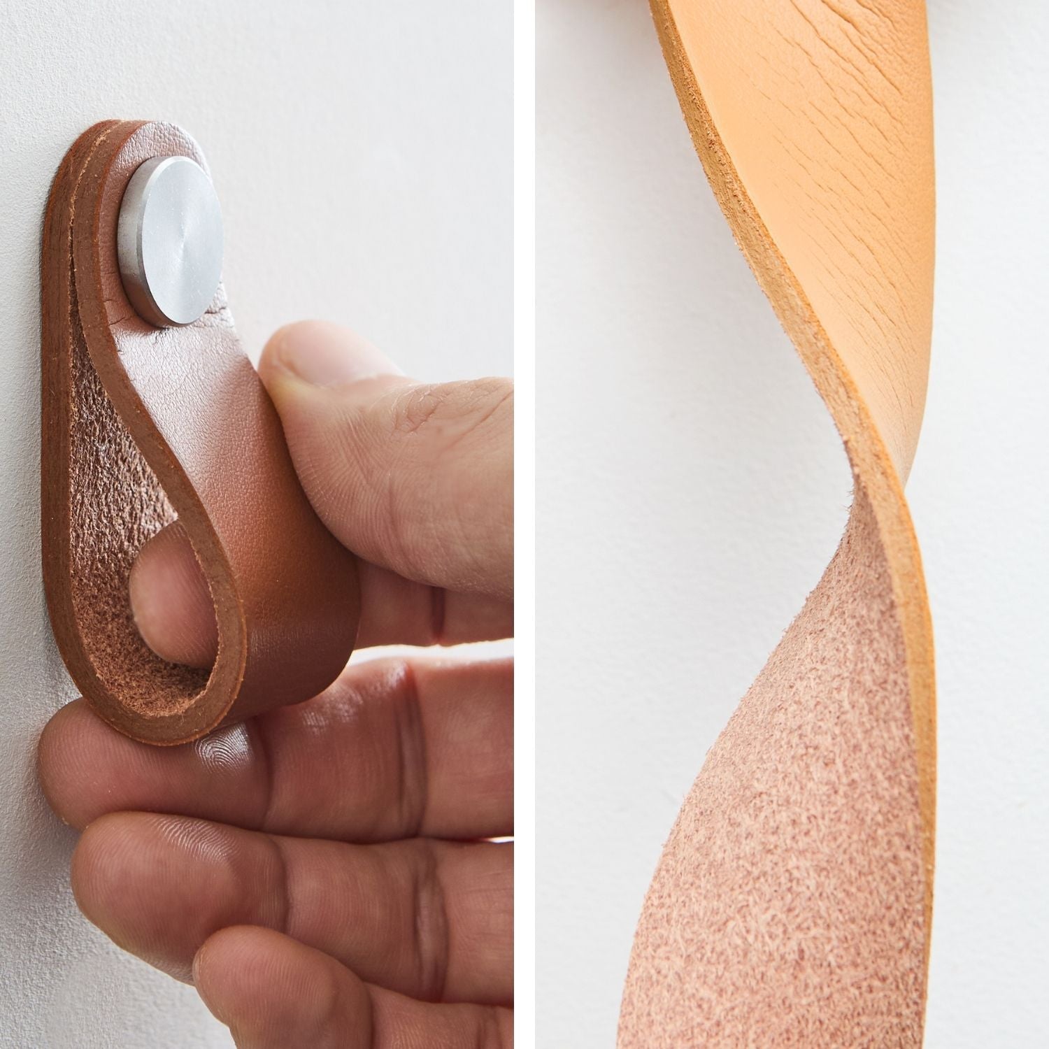 Kallax Ledergriff aus braunem Leder mit einem Knopf aus Silber.