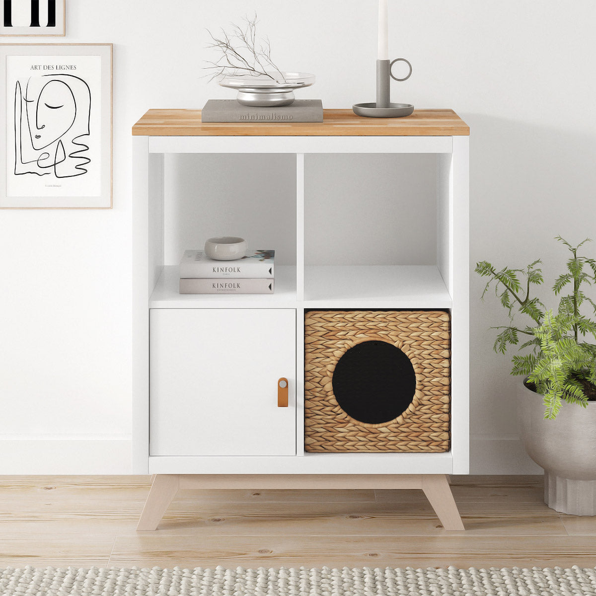 Kleines Kallax Sideboard mit 4 Fächern, 1 Katzenhaus-Zugang, 1 Tür und einer Deckplatte aus Echtholz.