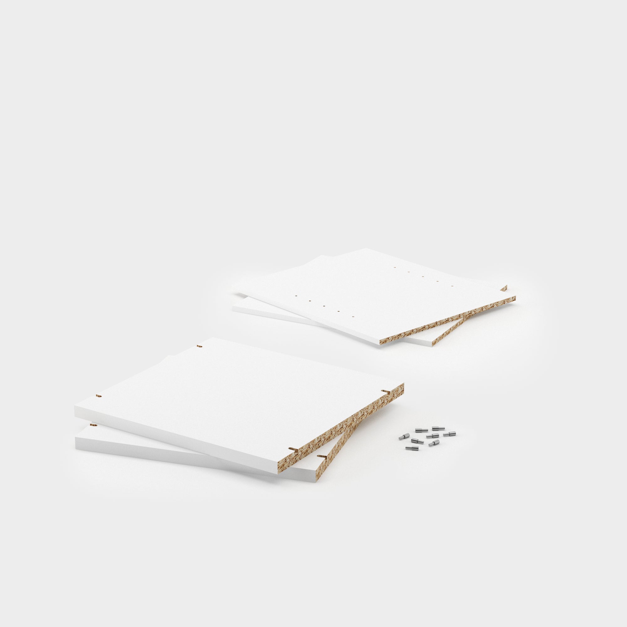 Lieferumfang des Regaleinsatzes: weiße Regalböden und Montagezubehör