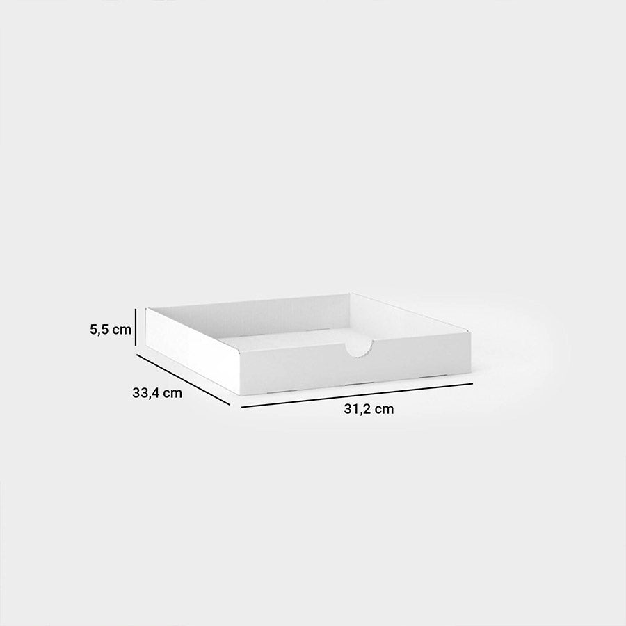 Maße einer Kallax Schublade aus Karton: Breite = 31,2 cm, Tiefe = 33,4 cm, Höhe = 5,5 cm