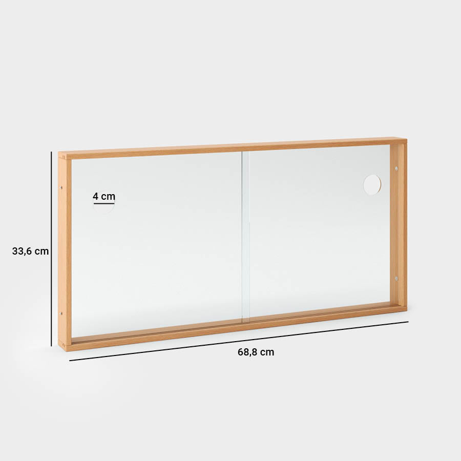 Einzelne Schiebetür aus Holz und Glasscheiben mit den Maßangaben.