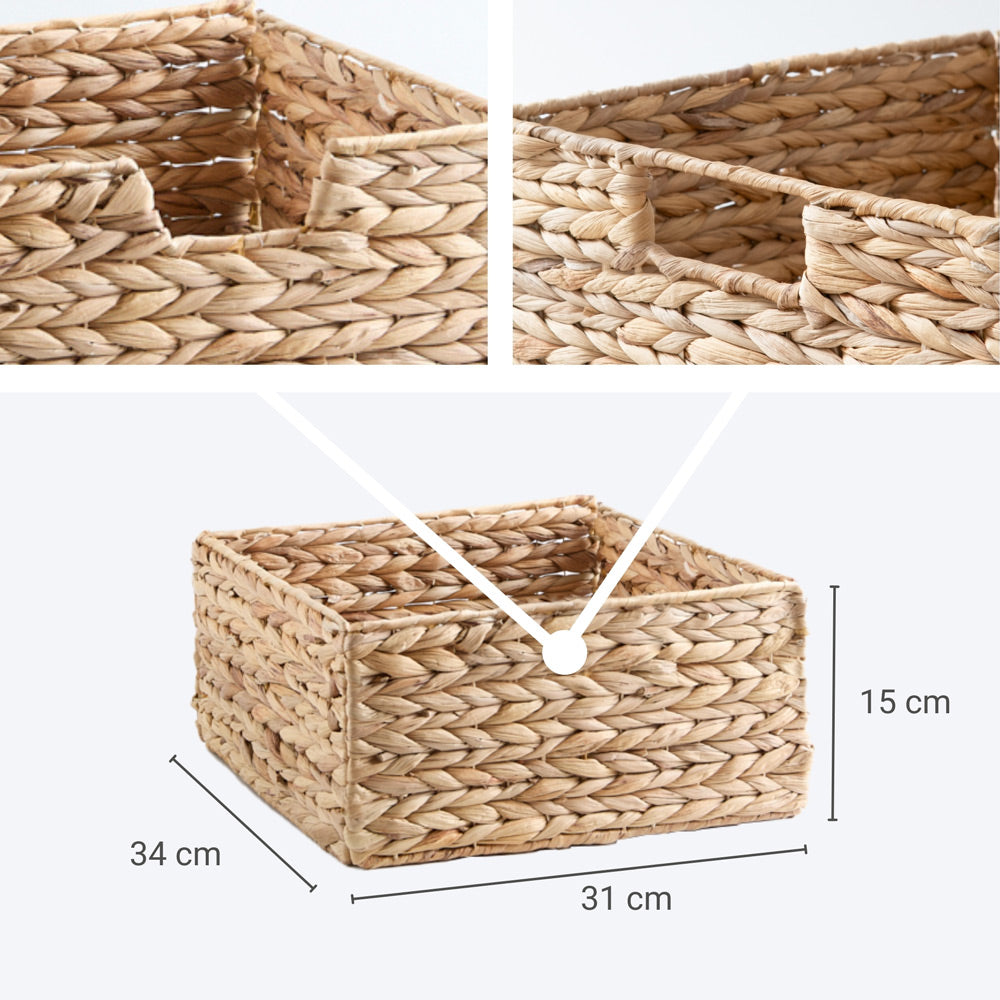 Flechtkorb aus Wasserhyazinthe für das IKEA Kallax Regal mit entsprechenden Maßangaben.