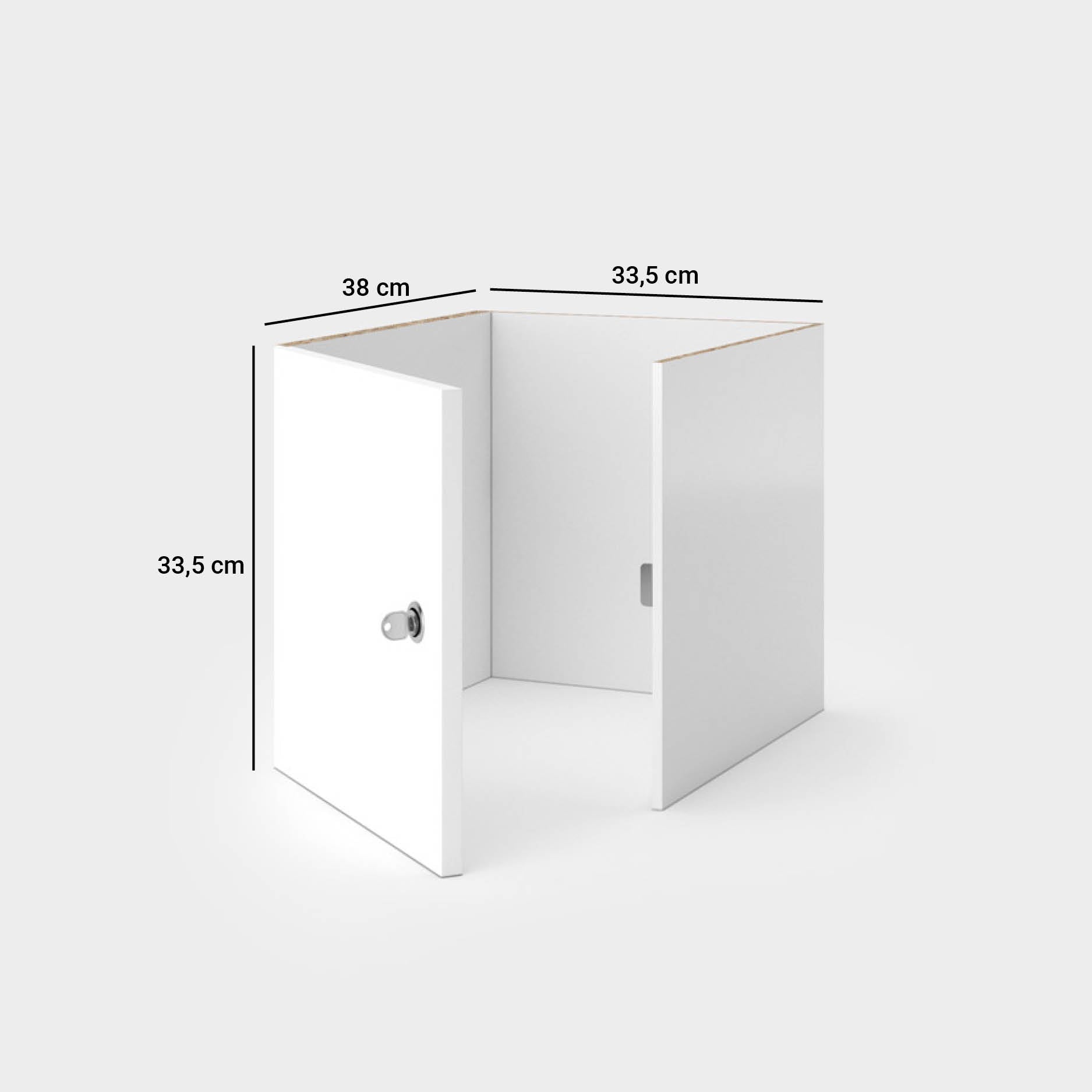 Maße des Einsatzes mit verschließbarer Tür - Breite: 33,5 cm, Höhe: 33,5 cm, Tiefe: 38 cm.