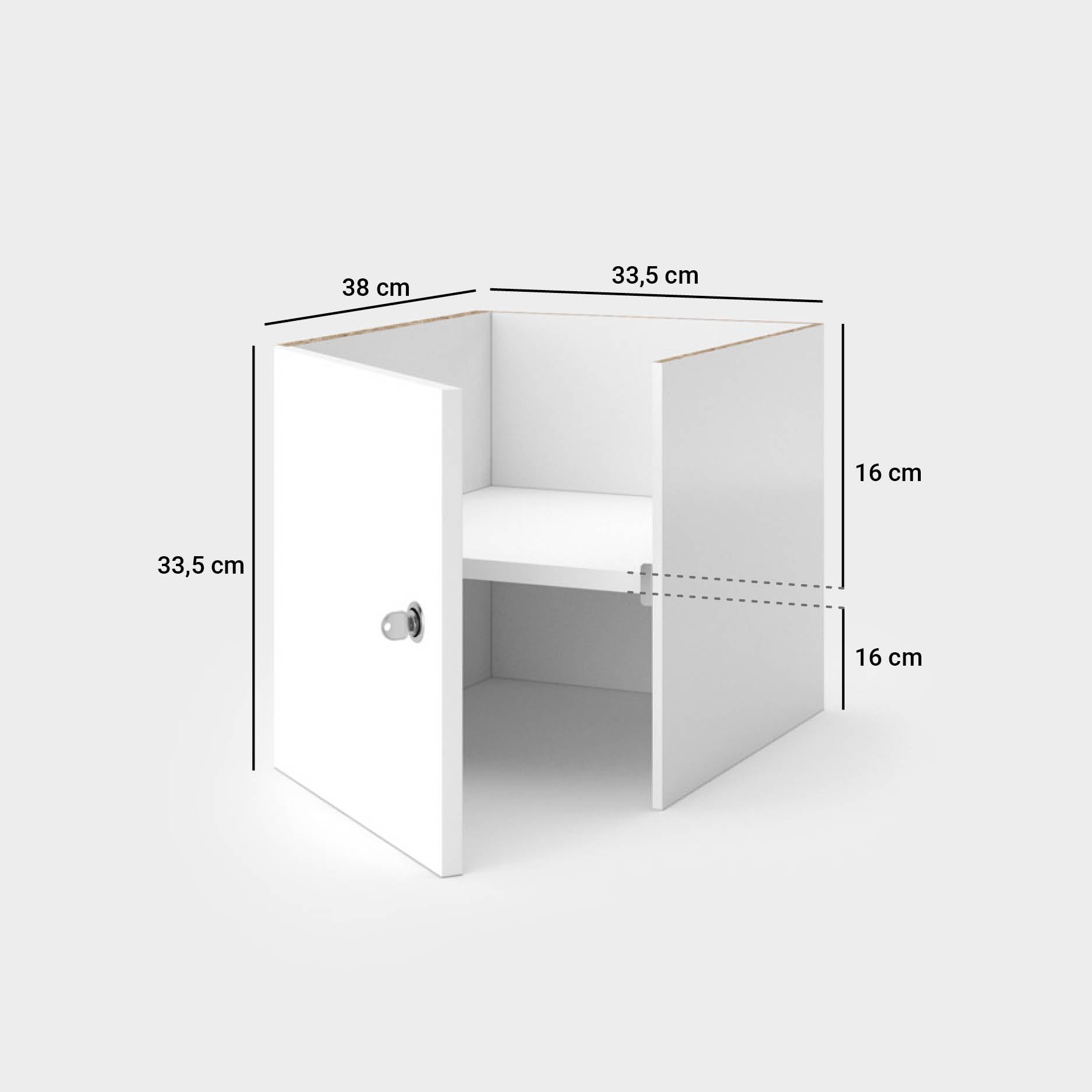 Maße des Kallax Einsatzes mit abschließbarer Tür - Breite: 33,5 cm, Höhe: 33,5 cm, Tiefe: 38 cm.