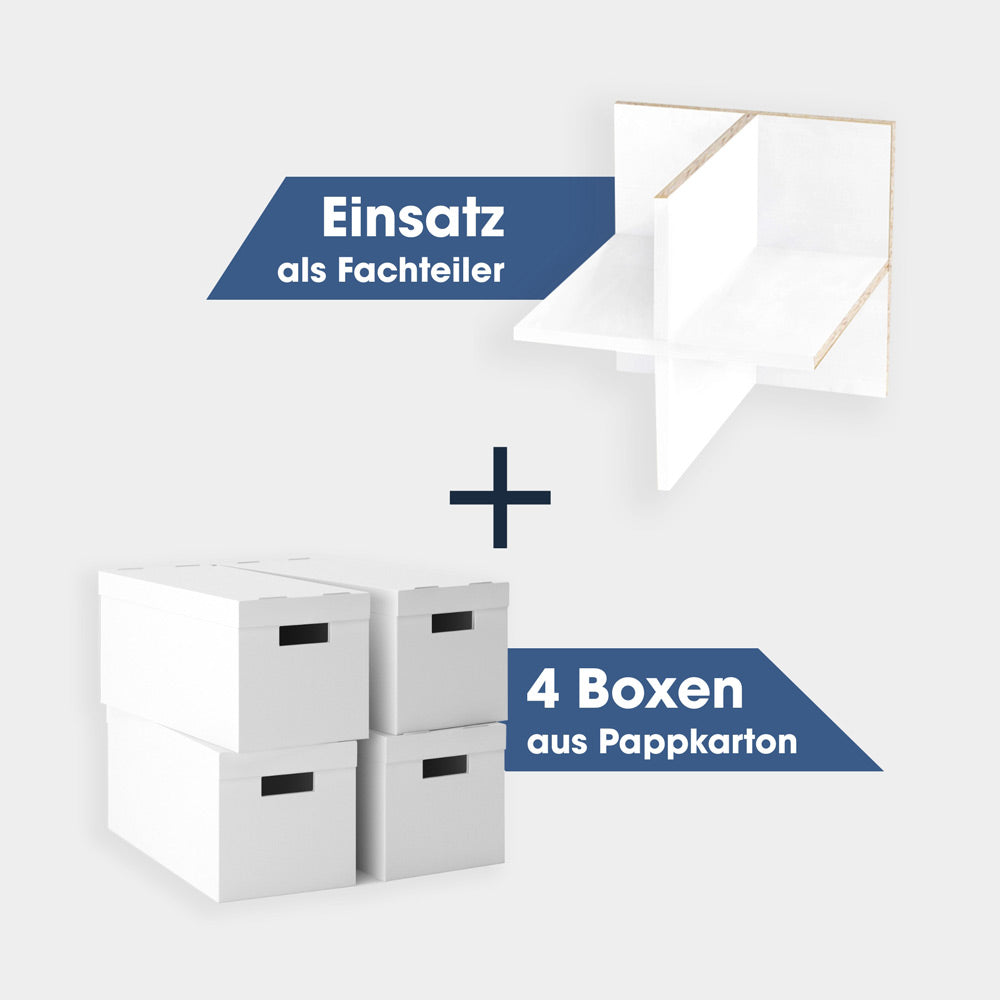 4 Boxen aus Pappkarton und einen Einsatz mit Rückwand für das Kallax Regal von IKEA.