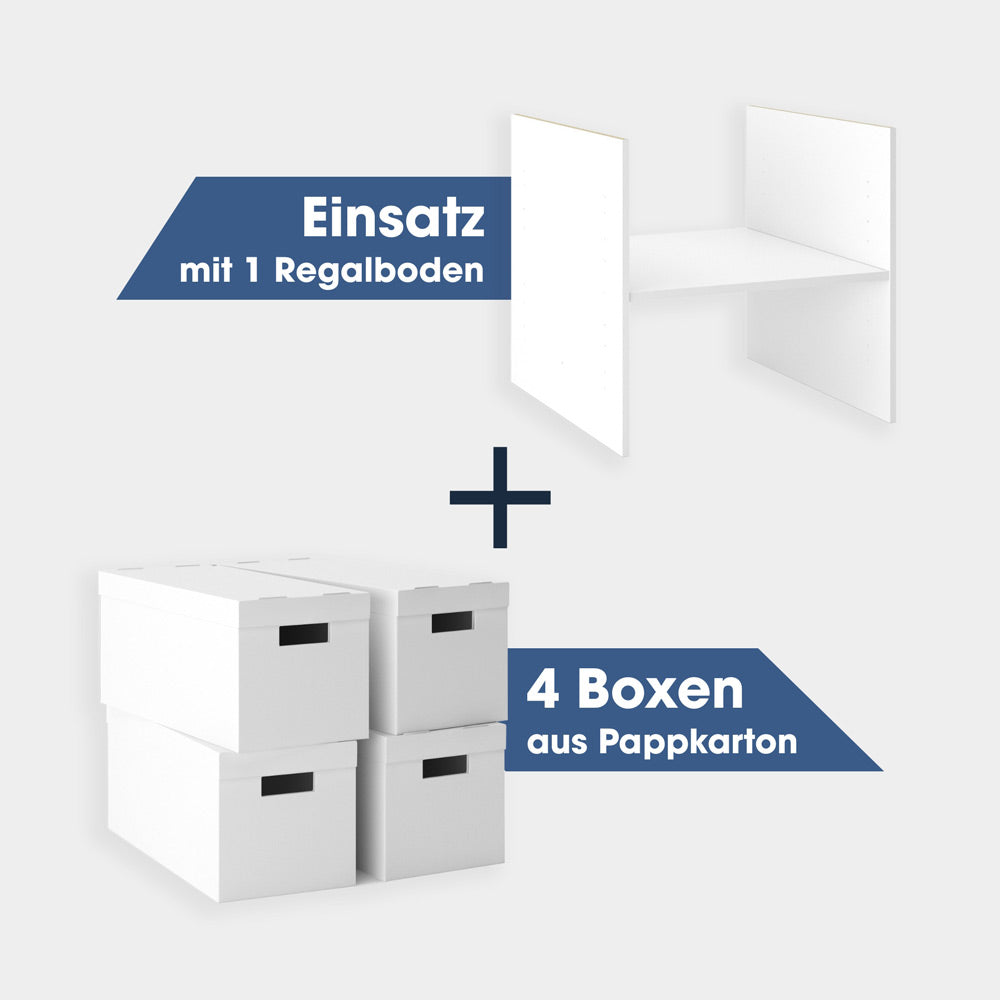 4 Boxen aus Pappkarton und ein Einsatz mit einem Regalboden für das Kallax Regal von IKEA.
