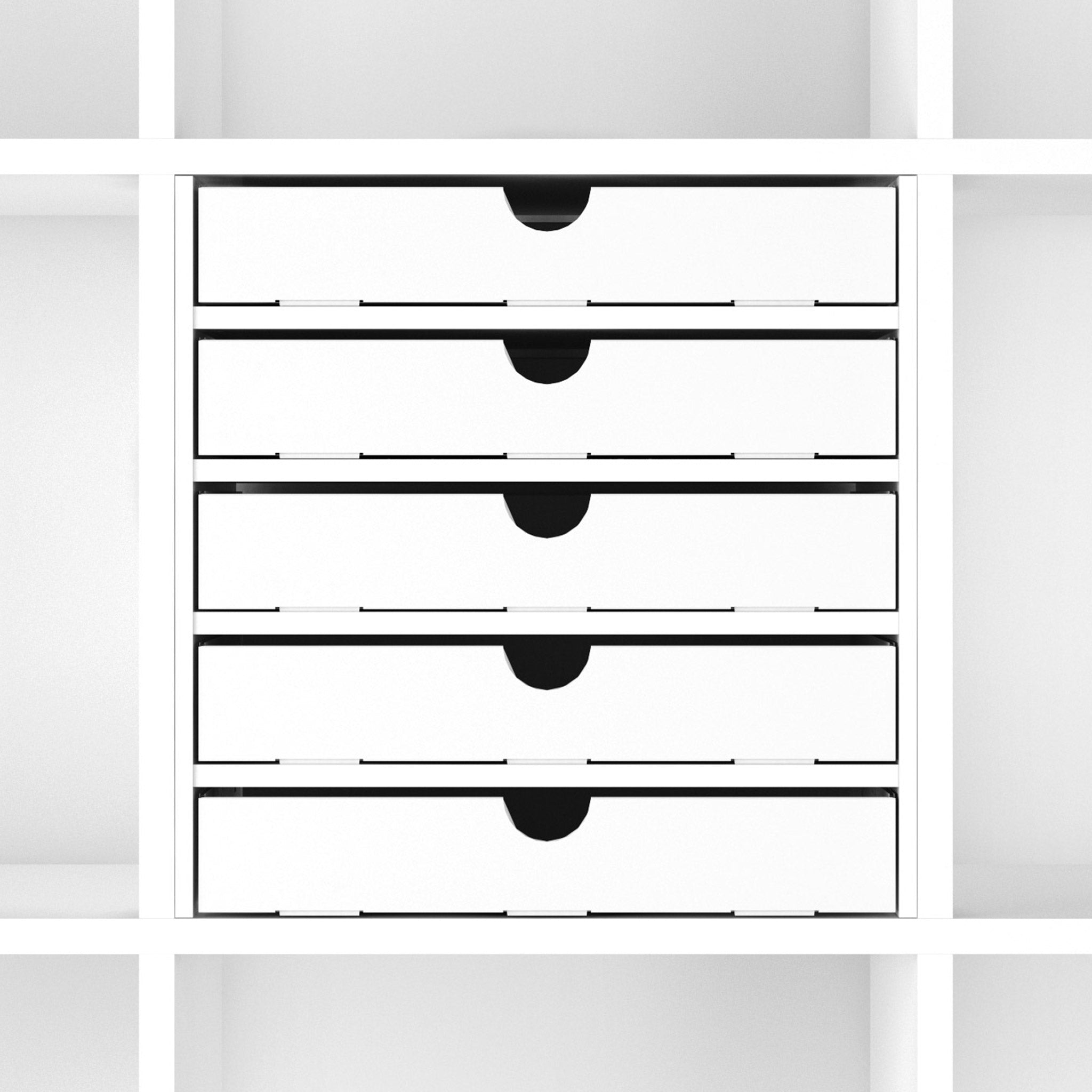 Regalteiler inklusive 5 Schubladen aus weißem Pappkarton
