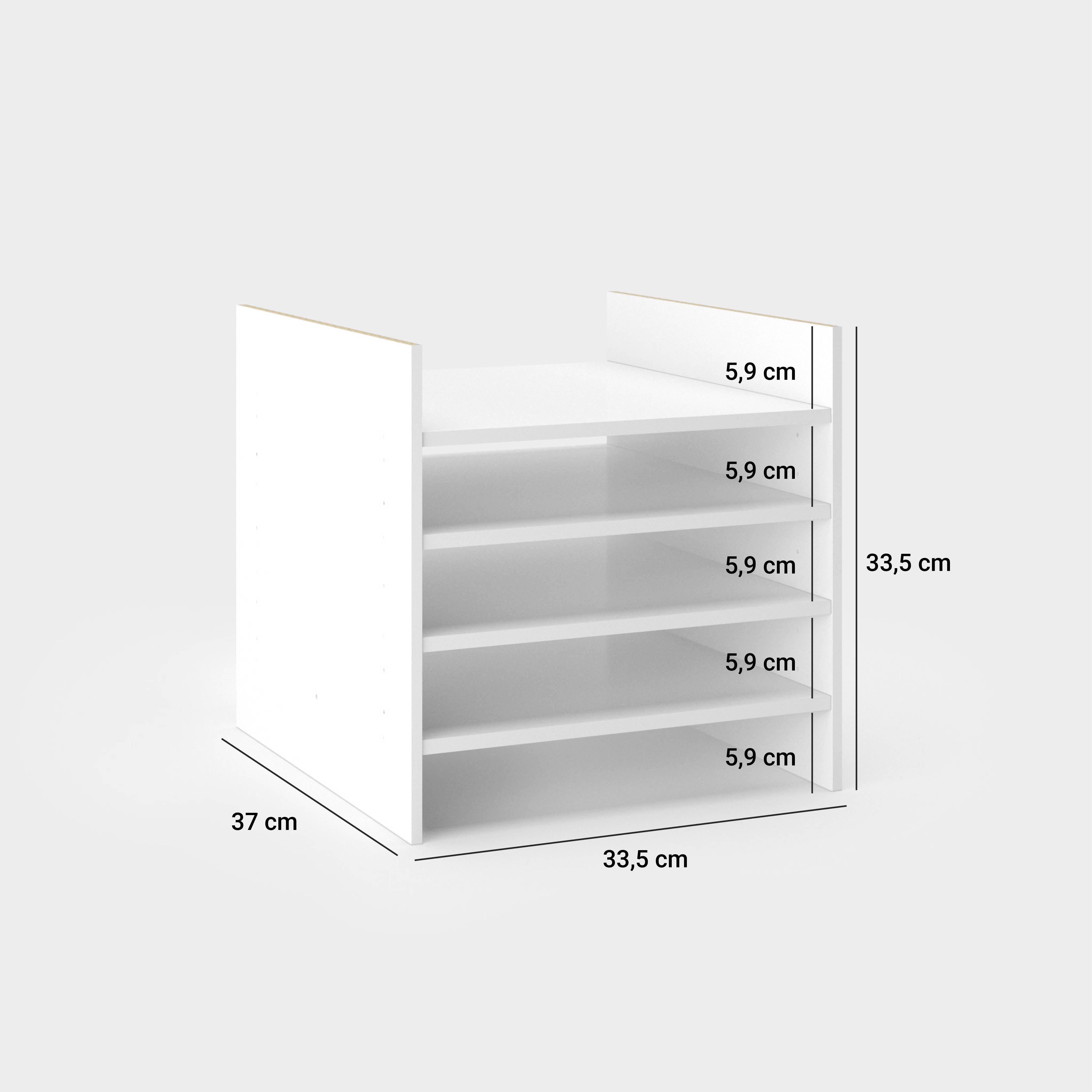 Maßangaben für die Kallax Papierablage - Höhe: 33,5 cm, Breite: 33,5 cm, Tiefe: 37 cm. Die einzelnen Zwischenfächer sind jeweils 5,9 cm hoch.