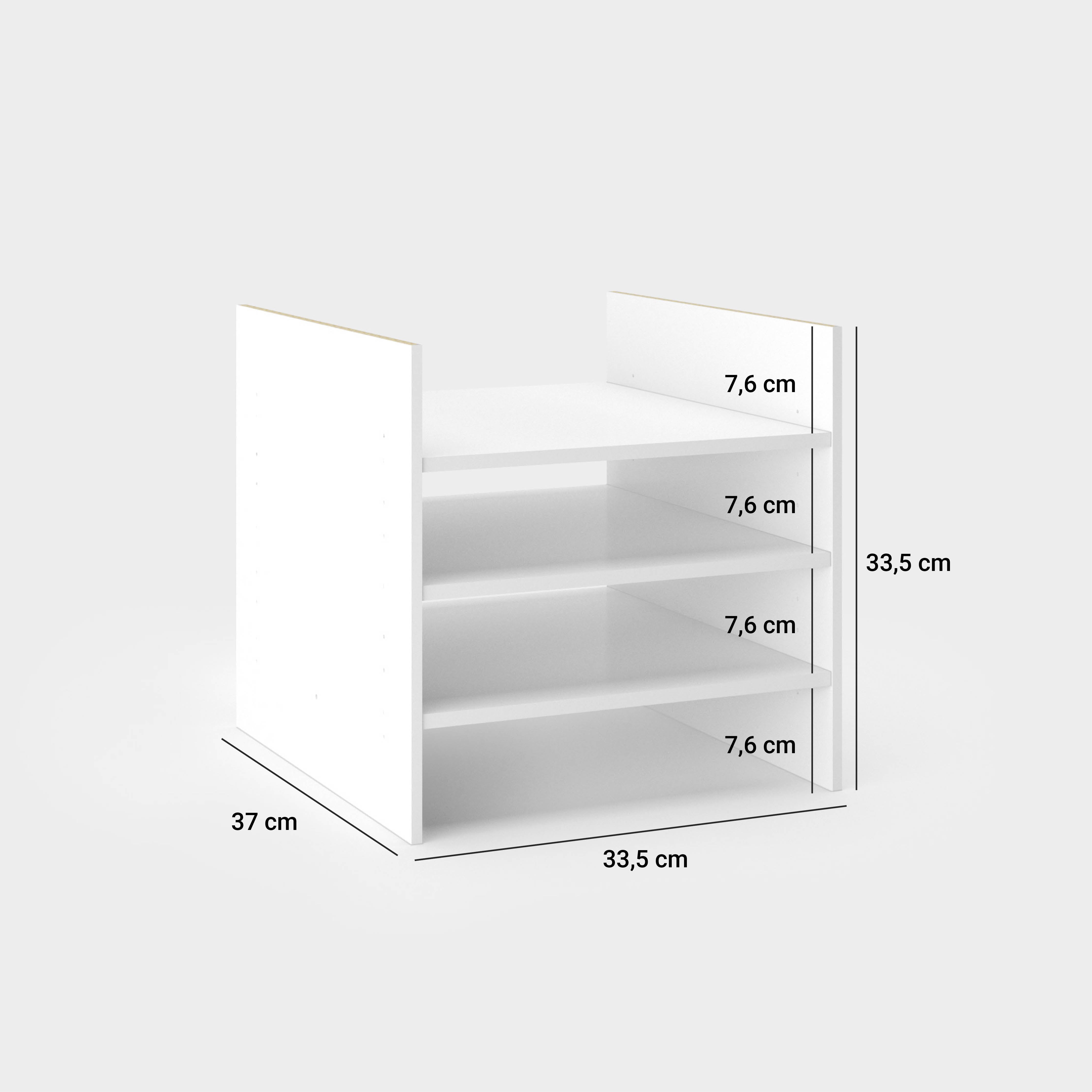 Maßangaben des EInsatzes: 33,5 cm (Breite), 33,5 cm (Höhe), 37 cm (Tiefe). Die 4 Zwischenfächer sind jeweils 7,6 cm hoch. 